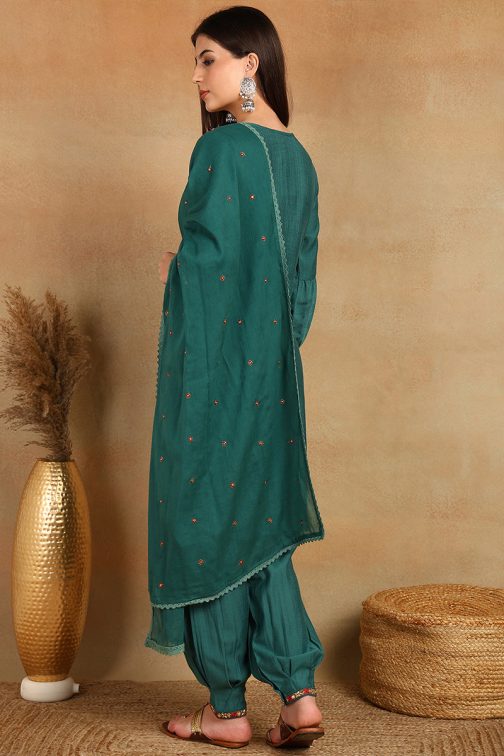 Teal Green Embroidered Viscose Rayon Straight Suit Set - Image 4