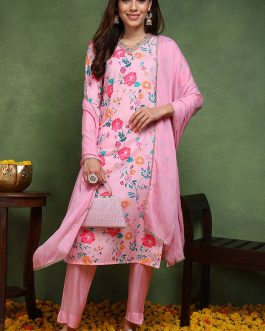 Pink Cotton Blend Floral Printed Straight Suit Set