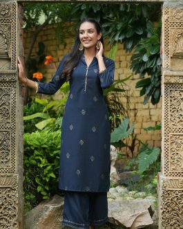 Navy Blue Poly Silk Straight Kurta Set