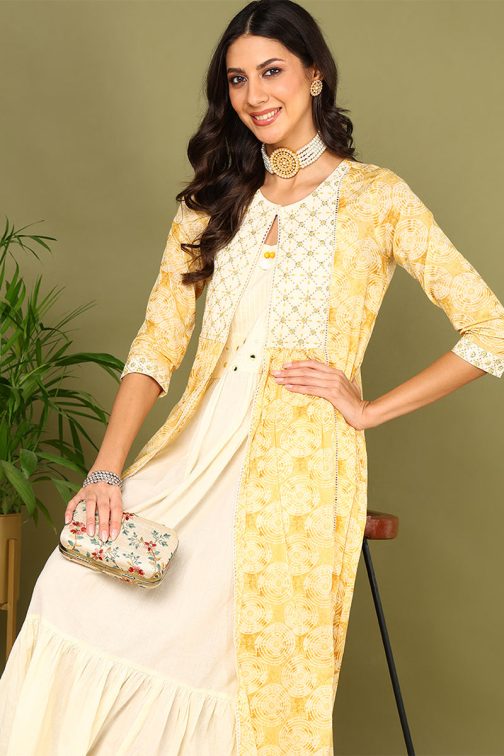 Bold and Eye-Catching Yellow Cotton Geometric Printed Embroidered A-Line Dress - Image 2