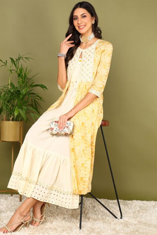 Bold and Eye-Catching Yellow Cotton Geometric Printed Embroidered A-Line Dress - Image 4