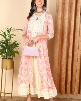 Lovely Pink Cotton Geometric Embroidered Flared Kurta with a Nature-Inspired Look