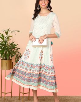 Stunning Off White Cotton Floral Printed Flared Anarkali Dress with a Regal Touch