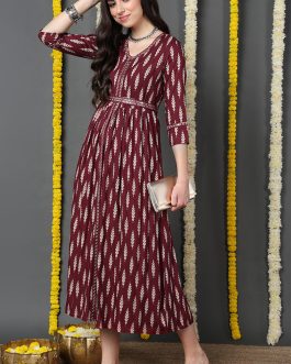 Regal Maroon Viscose Rayon Ethnic Motifs Printed A-Line Dress with a Luxurious Feel