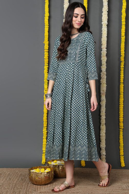 Stunning Green Cotton Ethnic Motifs Printed Anarkali Kurta with a Regal Touch - Image 4