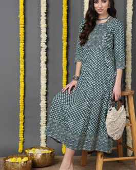 Stunning Green Cotton Ethnic Motifs Printed Anarkali Kurta with a Regal Touch