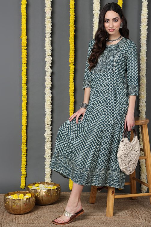 Stunning Green Cotton Ethnic Motifs Printed Anarkali Kurta with a Regal Touch