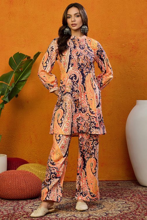 Orange Rayon Blend Paisley Printed Straight Co-ords Sets