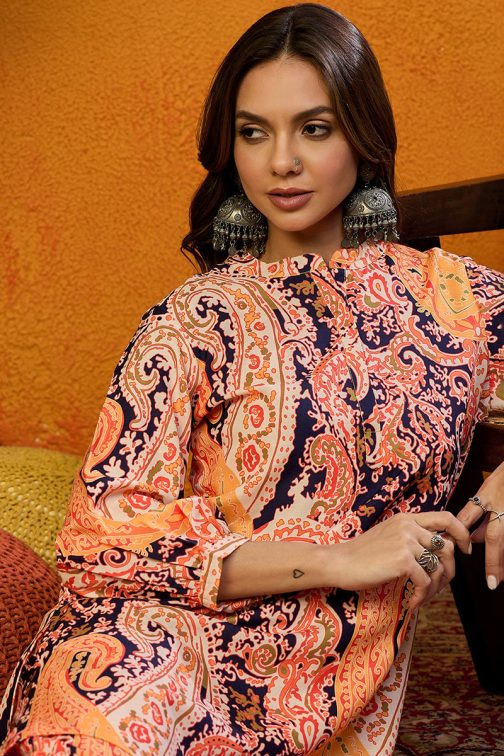 Orange Rayon Blend Paisley Printed Straight Co-ords Sets - Image 2