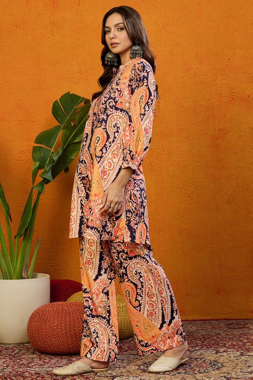 Orange Rayon Blend Paisley Printed Straight Co-ords Sets - Image 3