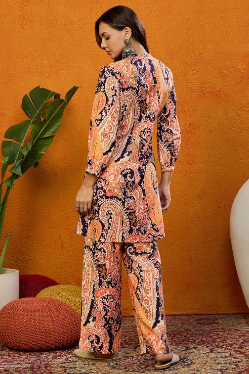 Orange Rayon Blend Paisley Printed Straight Co-ords Sets - Image 4