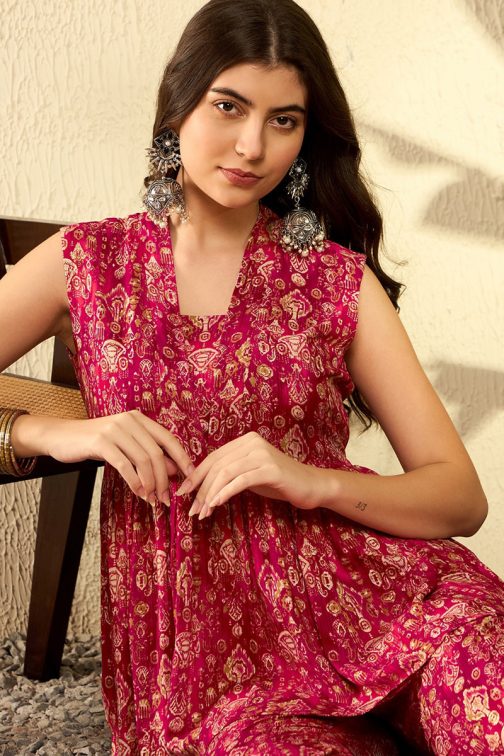 Red Rayon Blend Ikkat Printed Co-ord Sets - Image 2