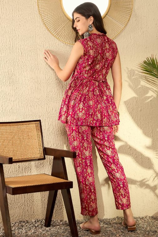 Red Rayon Blend Ikkat Printed Co-ord Sets - Image 4