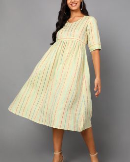 Soft and Elegant Cream Cotton Flared A-Line Printed Dress with a Touch of Elegance