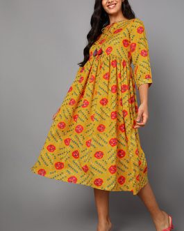 Happy and Vibrant Yellow Cotton Ethnic Motifs Flared Dress