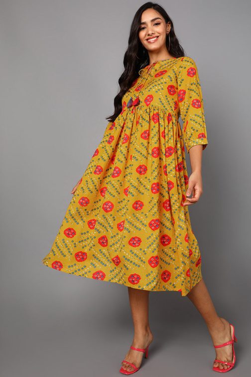 Happy and Vibrant Yellow Cotton Ethnic Motifs Flared Dress