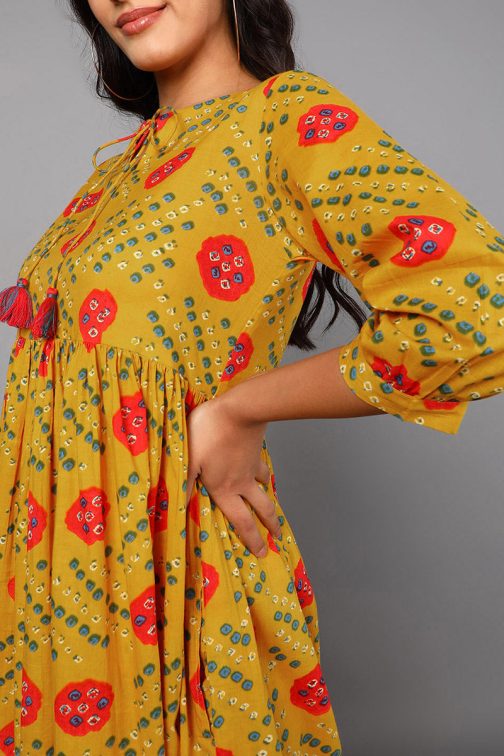 Happy and Vibrant Yellow Cotton Ethnic Motifs Flared Dress - Image 2