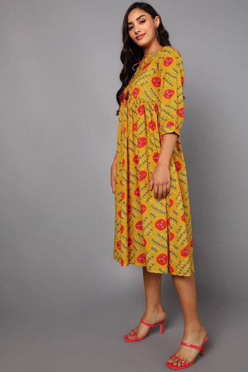 Happy and Vibrant Yellow Cotton Ethnic Motifs Flared Dress - Image 3