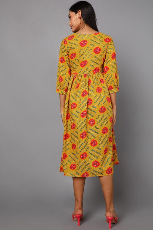 Happy and Vibrant Yellow Cotton Ethnic Motifs Flared Dress - Image 4