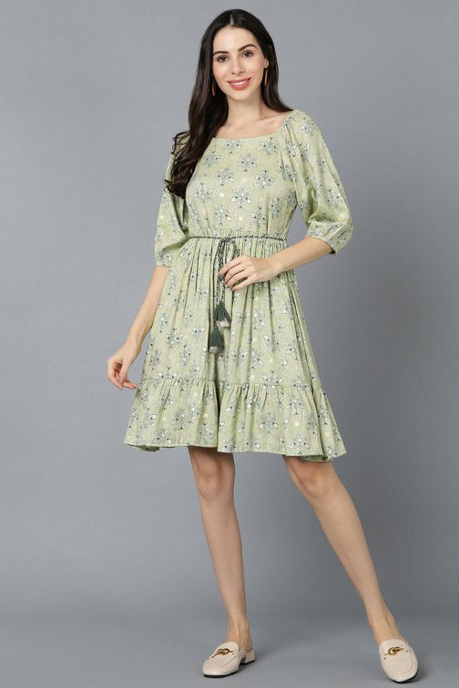 Fresh and Airy Light Green Cotton Ethnic Motifs Mini Dress with a Spring-Inspired Vibe