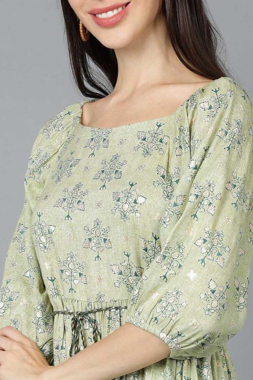 Fresh and Airy Light Green Cotton Ethnic Motifs Mini Dress with a Spring-Inspired Vibe - Image 2