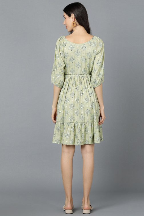 Fresh and Airy Light Green Cotton Ethnic Motifs Mini Dress with a Spring-Inspired Vibe - Image 4