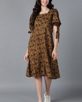 Lovely Brown Cotton Floral Printed Midi Dress with a Nature-Inspired Look and a Touch of Elegance