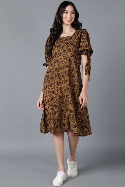 Lovely Brown Cotton Floral Printed Midi Dress with a Nature-Inspired Look and a Touch of Elegance