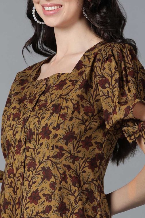 Lovely Brown Cotton Floral Printed Midi Dress with a Nature-Inspired Look and a Touch of Elegance - Image 2