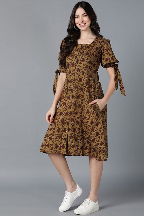 Lovely Brown Cotton Floral Printed Midi Dress with a Nature-Inspired Look and a Touch of Elegance - Image 3