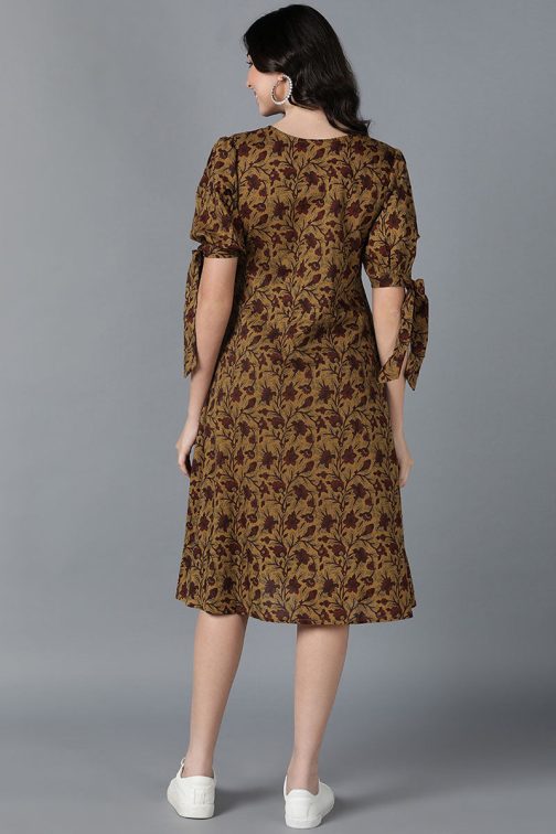 Lovely Brown Cotton Floral Printed Midi Dress with a Nature-Inspired Look and a Touch of Elegance - Image 4