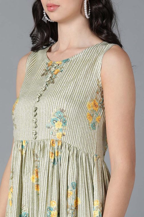 Vibrant Green Cotton Floral Printed Flared Midi Dress with a Fun and Playful Floral Pattern - Image 2