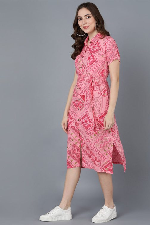 Stylish Pink Viscose Rayon Abstract Print Straight Midi Dress with a Modern and Sophisticated Loo - Image 3