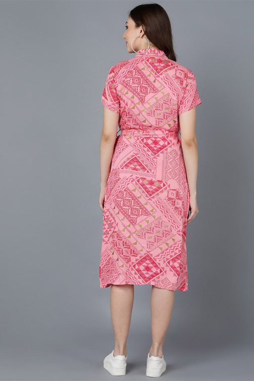 Stylish Pink Viscose Rayon Abstract Print Straight Midi Dress with a Modern and Sophisticated Loo - Image 4