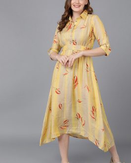 Happy and Vibrant Yellow Crepe Floral Print Midi Dress with a Fun and Playful Floral Pattern