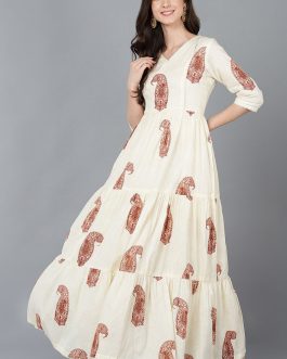 Soft and Elegant Cream Cotton Solid Ethnic Motifs Maxi Dress with a Regal Touch and a Timeless Look