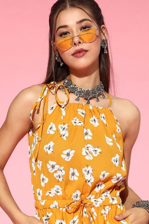 Polyester Sleeveless Jumpsuit in Mustard with Floral Pattern - Image 2