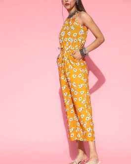 Polyester Sleeveless Jumpsuit in Mustard with Floral Pattern