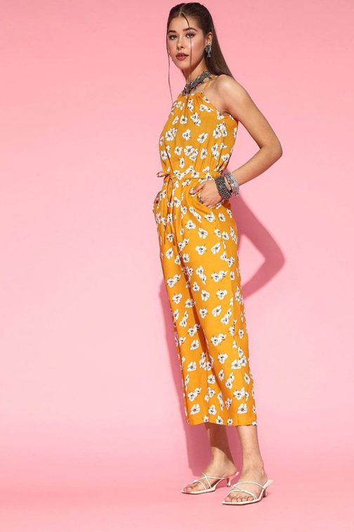 Polyester Sleeveless Jumpsuit in Mustard with Floral Pattern