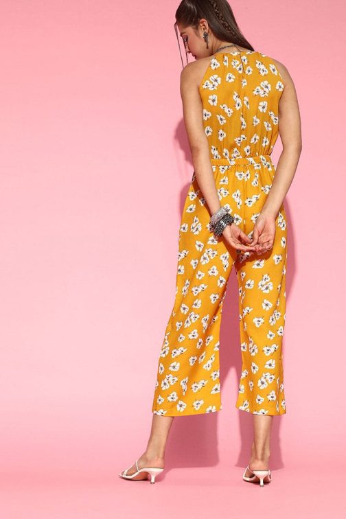 Polyester Sleeveless Jumpsuit in Mustard with Floral Pattern - Image 3