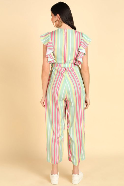 Cotton Green Jumpsuit with Striped Pattern and Ruffle Sleeve - Image 3