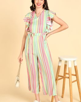 Cotton Green Jumpsuit with Striped Pattern and Ruffle Sleeve