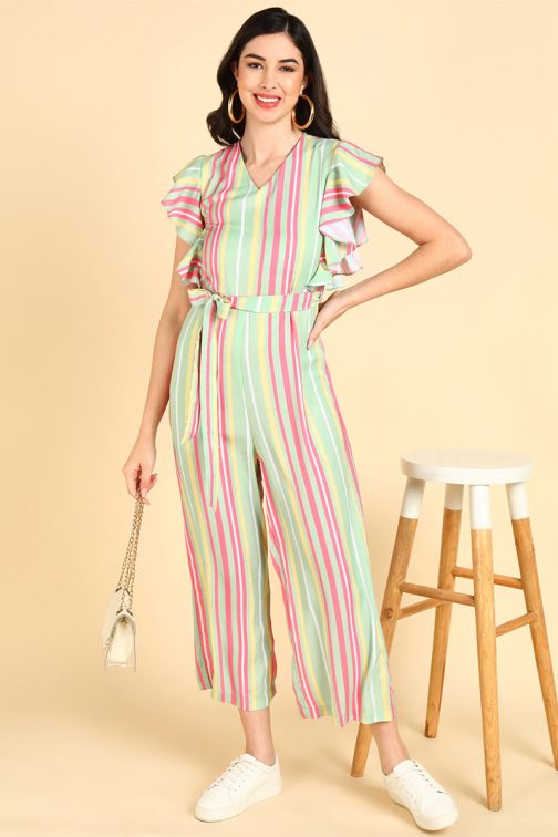 Cotton Green Jumpsuit with Striped Pattern and Ruffle Sleeve