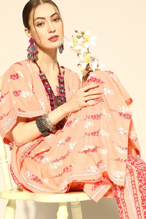 Cotton Floral Print Kaftan Set in Peach Color