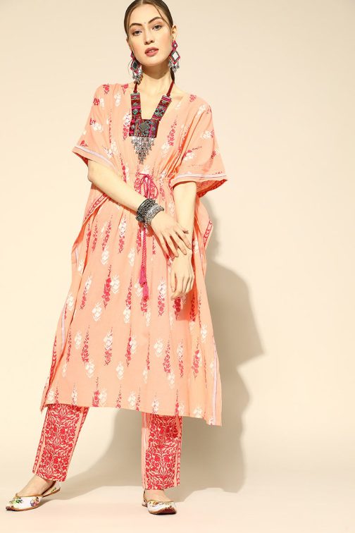 Cotton Floral Print Kaftan Set in Peach Color - Image 2
