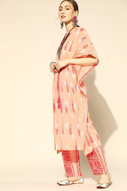 Cotton Floral Print Kaftan Set in Peach Color - Image 3