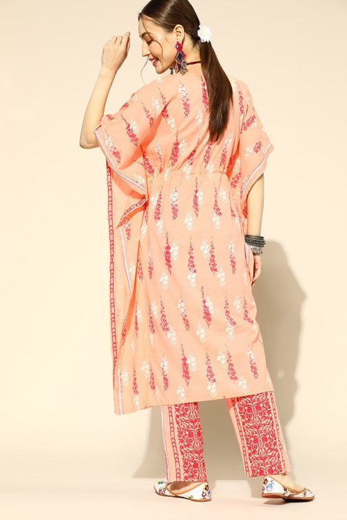 Cotton Floral Print Kaftan Set in Peach Color - Image 4
