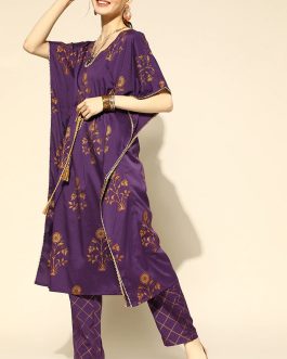 Purple Ethnic Motifs Kaftan Set Made of Polyester