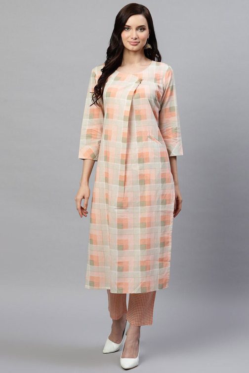 Peach Pure Cotton Checks Printed Kurta Set