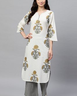 Off White Cotton Ethnic Motifs Kurta Set